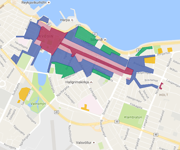 雷克雅維克停車費用區域示意圖